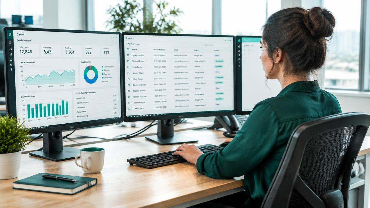 Lead buyer reviewing phone lead lists on multiple monitors