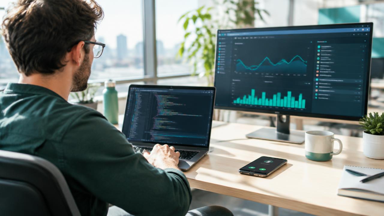 Developer workstation with API telemetry and an incoming call on a phone
